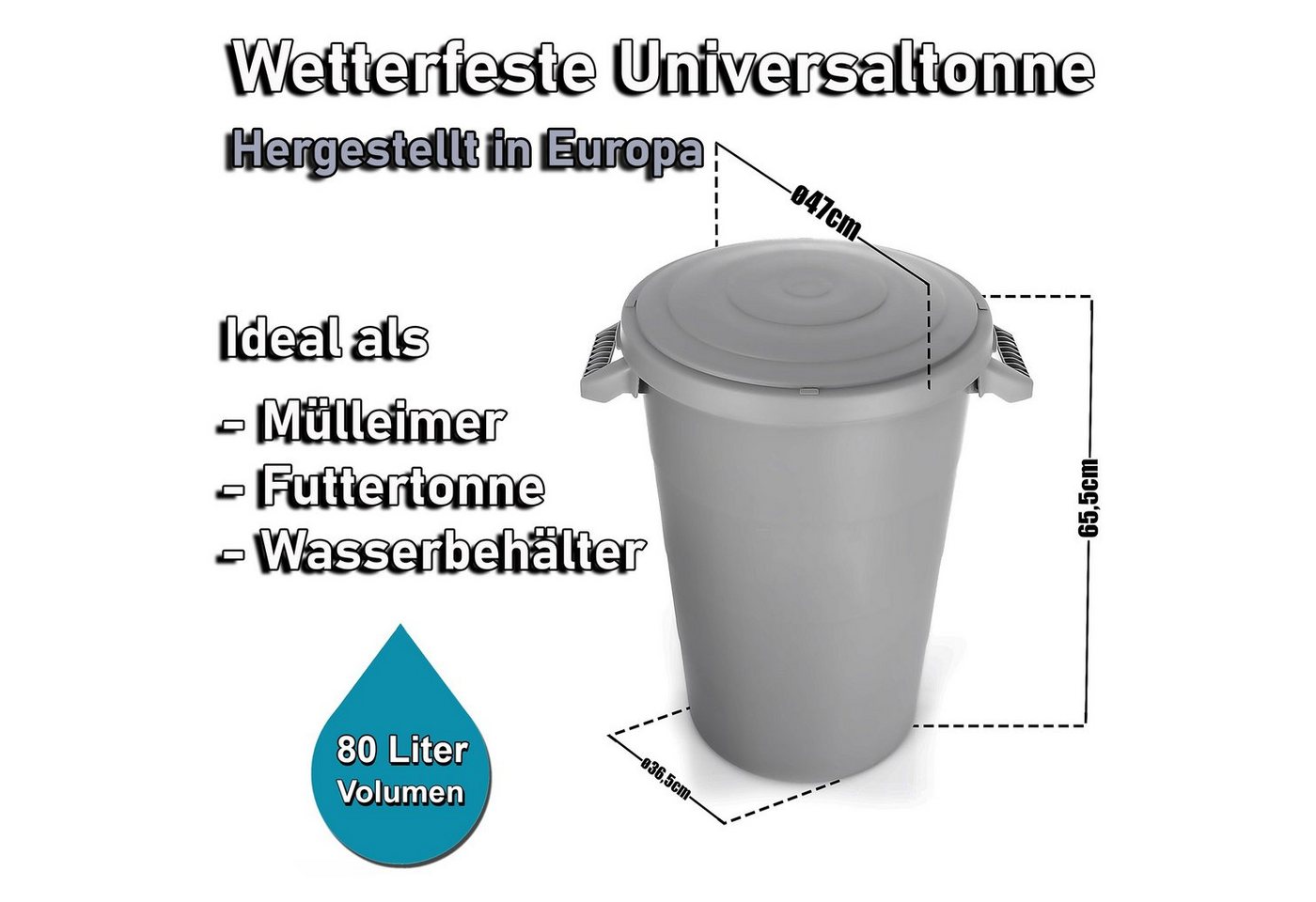 BigDean Mülleimer 2x wetterfeste Universaltonne mit Deckel und 2 stabilen Tragegriffen, Sicherer Verschluss, Einfaches Handling, Zeitloses Anthrazit/Grau – Bild 5 von 5