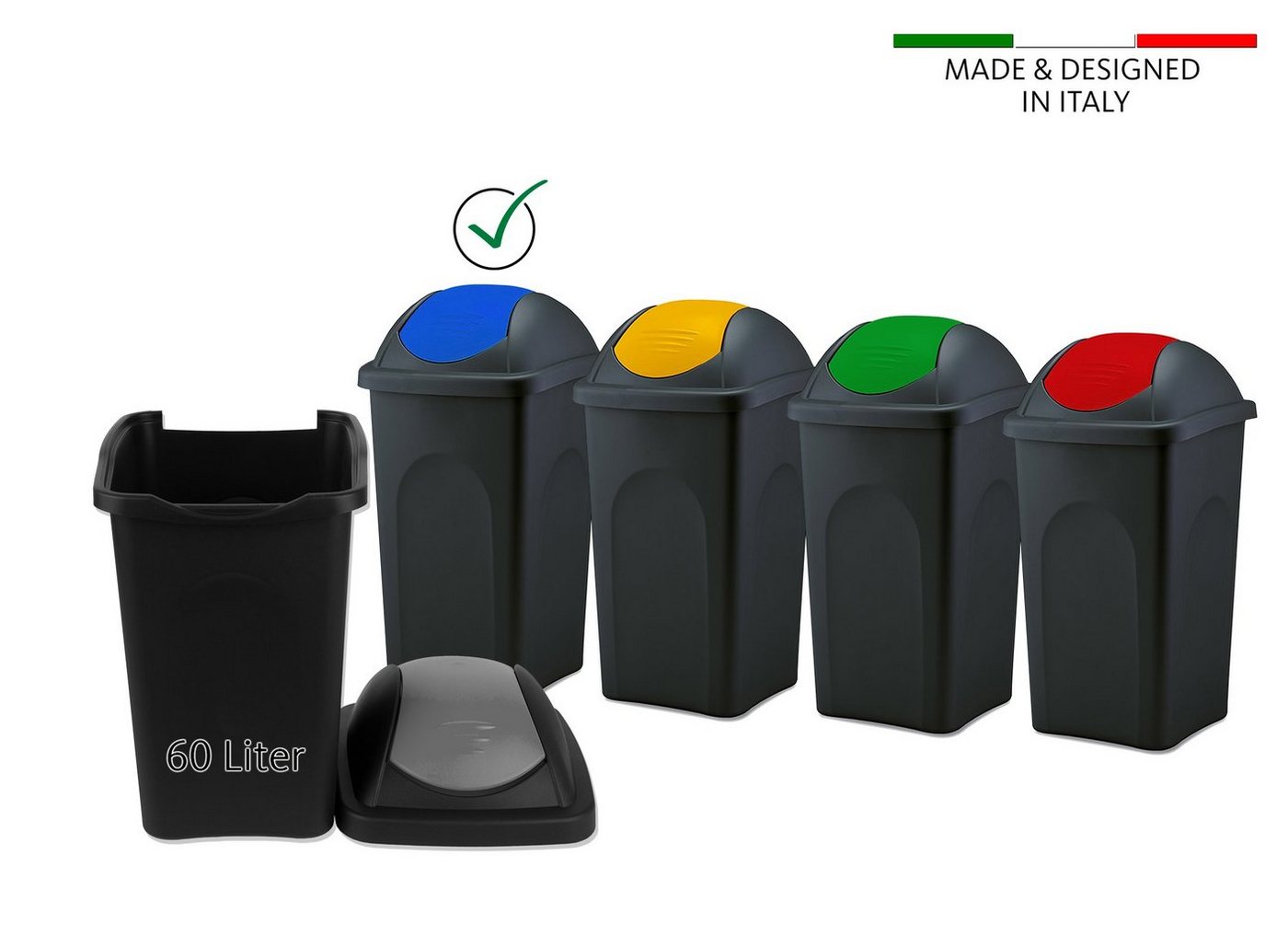BigDean Mülleimer 60 L XL schwarz Blau Schwingdeckel Müllsammler Abfalleimer Mülltonne, XL Mülleimer, Schwingdeckel, 60L, Dezente Optik – Bild 2 von 5