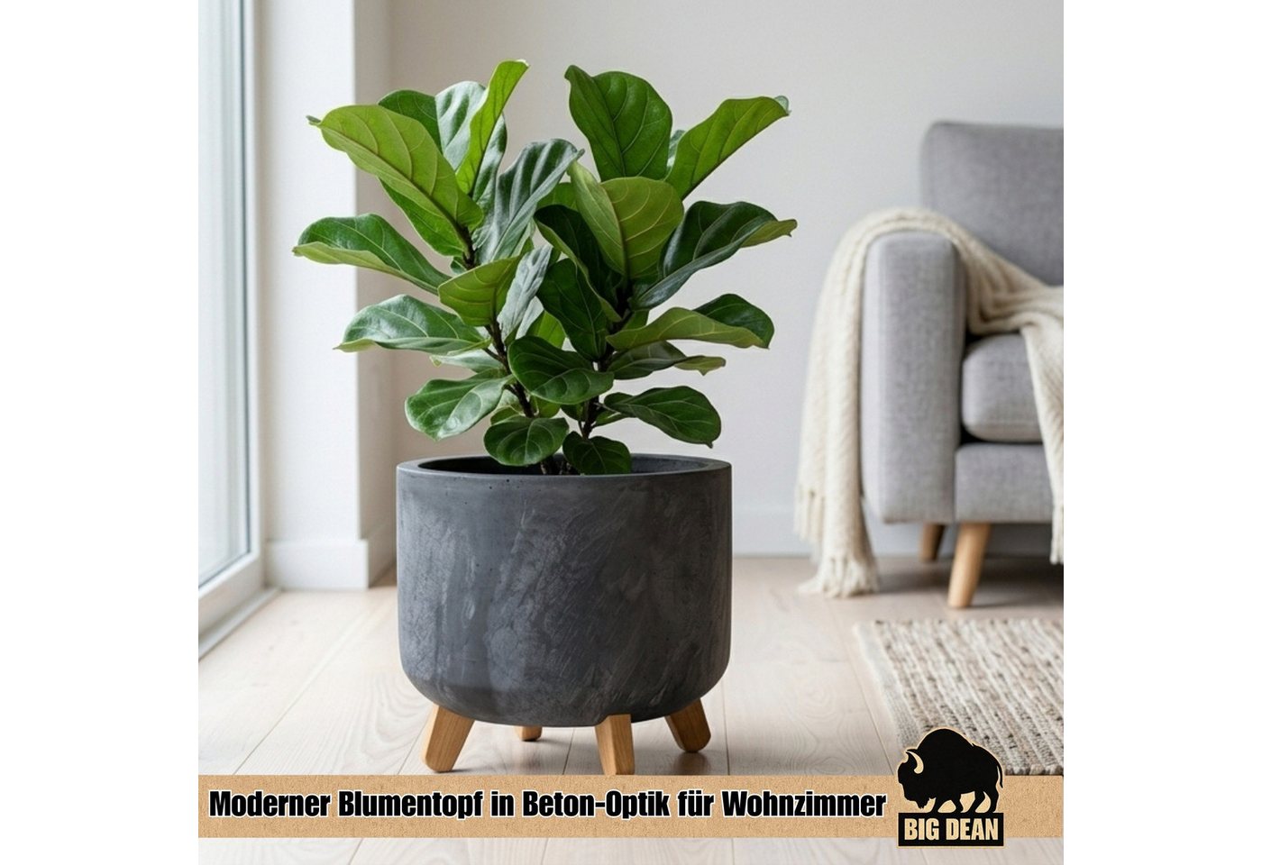 BigDean Pflanzkübel 28,5cm Anthrazit Beton Optik mit Abnehmbaren Füßen (Stück, 1 St., Pflanzkübel), Schneller Aufbau, stabiler Stand, modernes Finish – Bild 2 von 5