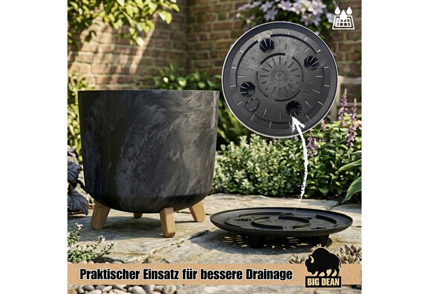 BigDean Pflanzkübel 28,5cm Anthrazit Beton Optik mit Abnehmbaren Füßen (Stück, 1 St., Pflanzkübel), Schneller Aufbau, stabiler Stand, modernes Finish – Bild 4 von 5