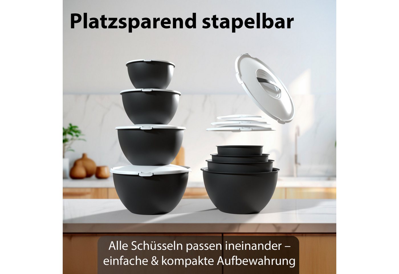 BigDean Salatschüssel Set groß mit Deckel, 4 Größen 0,7-6 L in Anthrazit Schwarz, Kunststoff, (Set, 1-tlg), BPA-Frei, Spülmaschinenfest, Pflegeleicht, Alltagsta – Bild 2 von 5