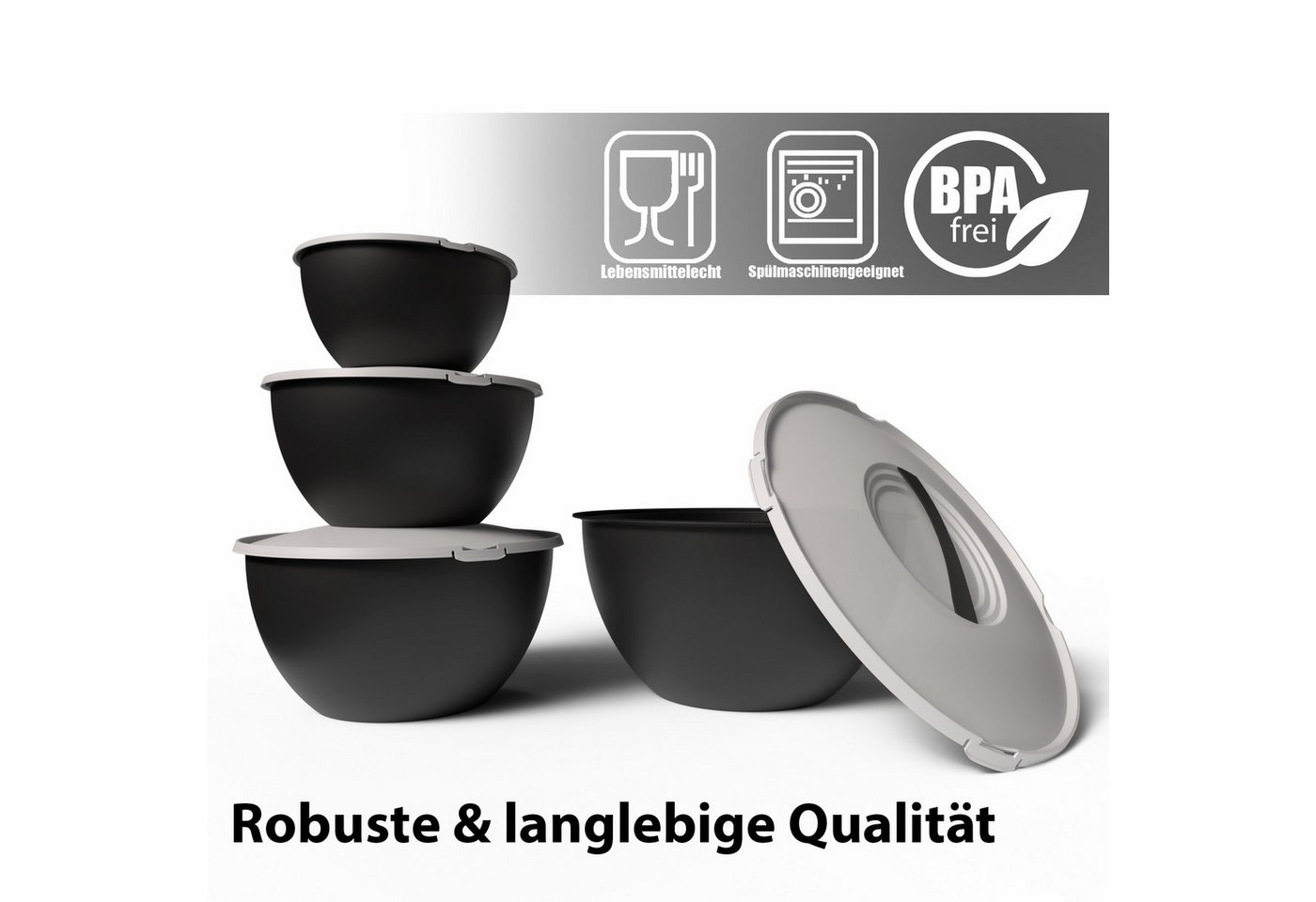 BigDean Salatschüssel Set groß mit Deckel, 4 Größen 0,7-6 L in Anthrazit Schwarz, Kunststoff, (Set, 1-tlg), BPA-Frei, Spülmaschinenfest, Pflegeleicht, Alltagsta – Bild 4 von 5