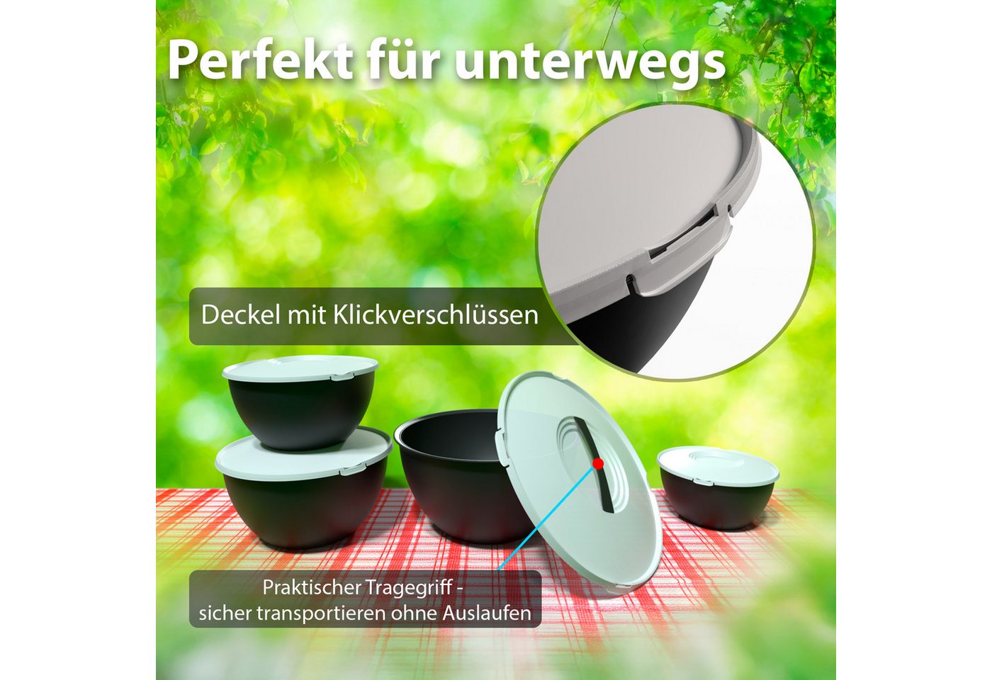 BigDean Salatschüssel Set groß mit Deckel, 4 Größen 0,7-6 L in Anthrazit Schwarz, Kunststoff, (Set, 1-tlg), BPA-Frei, Spülmaschinenfest, Pflegeleicht, Alltagsta – Bild 5 von 5