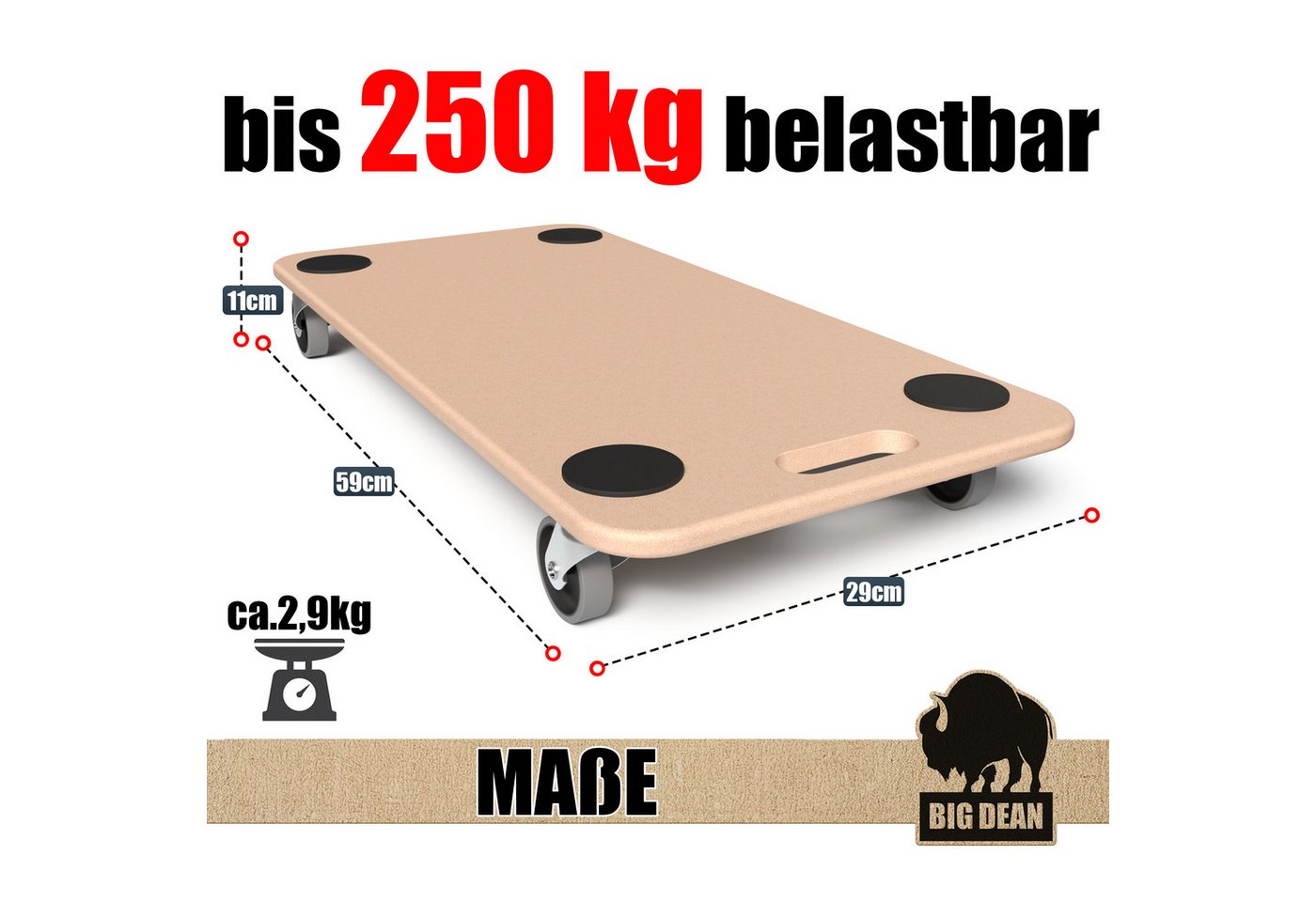 BigDean Schwerlastrolle 2 Materialtransporter 250kg Schwerlast Möbelroller, (Set, 2-St., Möbelroller), Möbelhund, Möbelroller, MDF-Natur, Antirutschpads, Sanfte – Bild 3 von 5