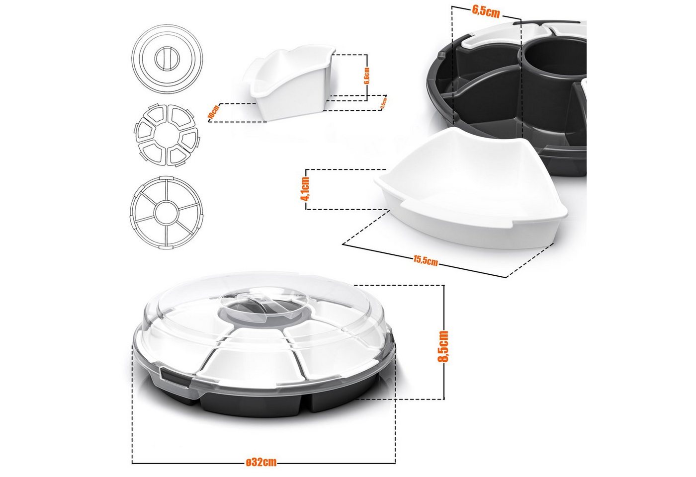 BigDean Servierschüssel 2x Snackschale Servierplatte Servierschalen Set mit Deckel Snackteller, Kunststoff, (Set, 8-tlg), Snacks, Dips, Vielseitig, Spaß für jed – Bild 3 von 5
