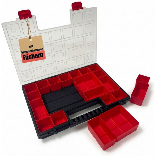 BigDean Sortimentskasten mit herausnehmbaren roten Fächern ideal für Kleinteile Werkzeug (Packung, 1 St., Packung), Herausnehmbare Fächer, Übersichtliches Syste