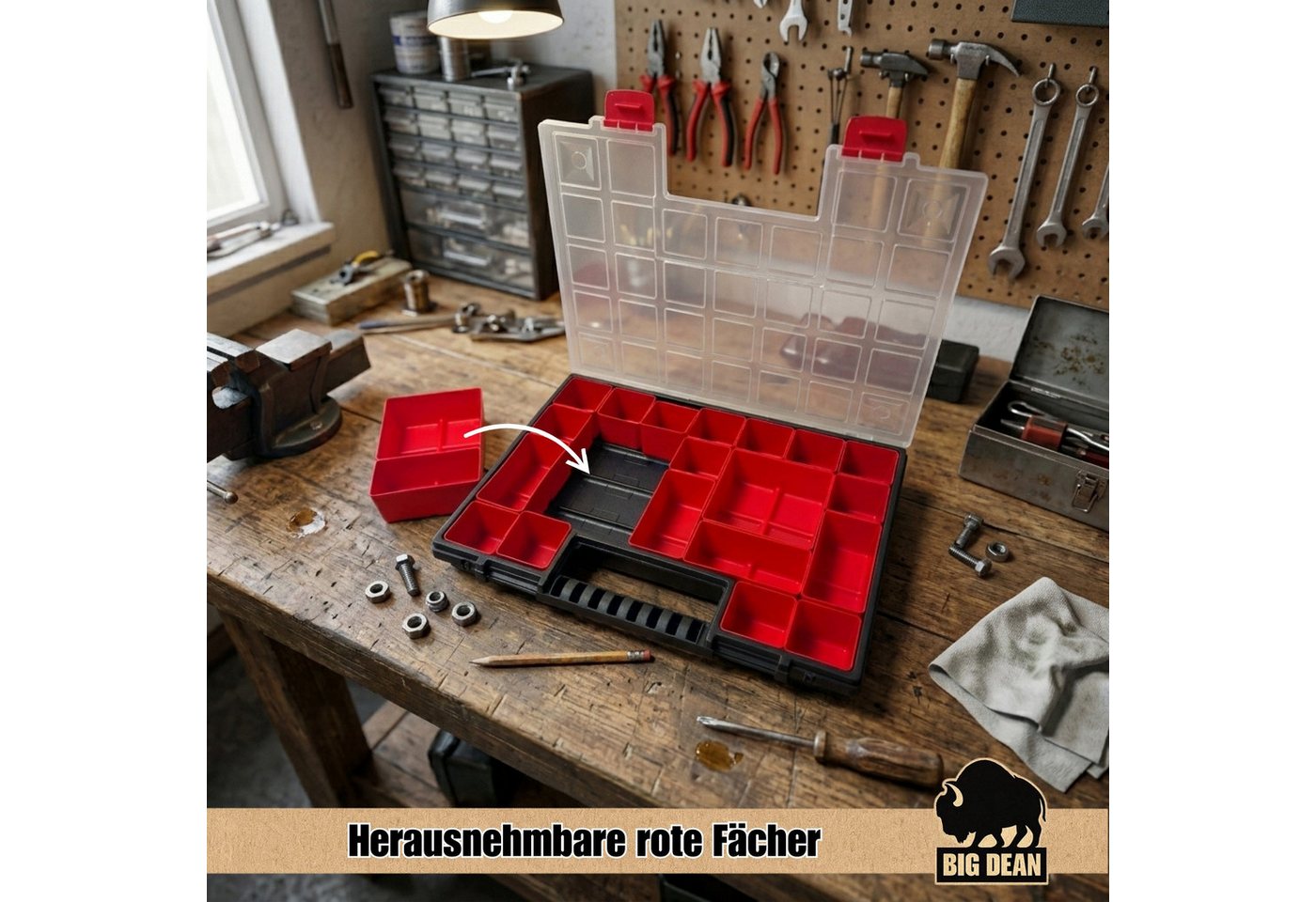 BigDean Sortimentskasten mit herausnehmbaren roten Fächern ideal für Kleinteile Werkzeug (Packung, 1 St., Packung), Herausnehmbare Fächer, Übersichtliches Syste – Bild 2 von 5