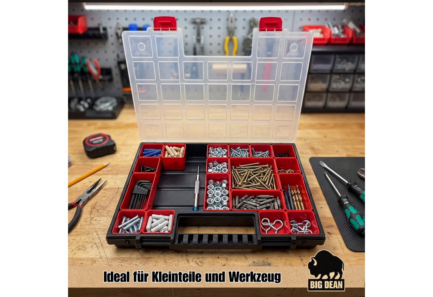 BigDean Sortimentskasten mit herausnehmbaren roten Fächern ideal für Kleinteile Werkzeug (Packung, 1 St., Packung), Herausnehmbare Fächer, Übersichtliches Syste – Bild 4 von 5