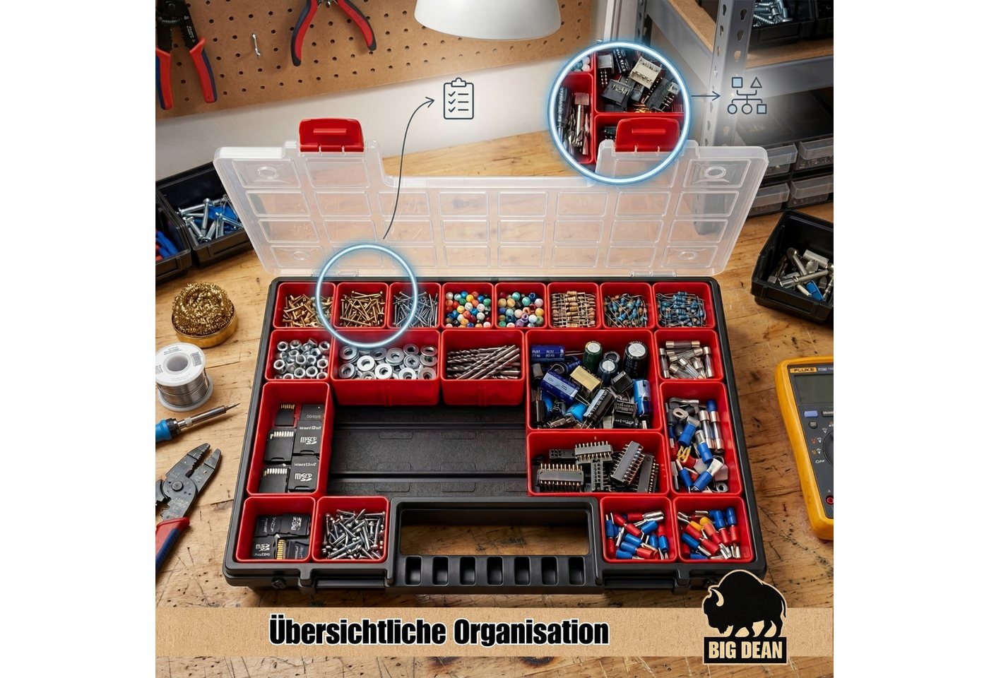 BigDean Sortimentskasten mit herausnehmbaren roten Fächern ideal für Kleinteile Werkzeug (Packung, 1 St., Packung), Herausnehmbare Fächer, Übersichtliches Syste – Bild 5 von 5
