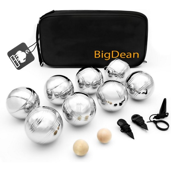 BigDean Spielball Boule Set mit 8 Boule Kugeln aus hochwertigem Edelstahl (Set, 1-St., 8 Spielkugeln, 2 Zielkugeln), Hochwertige Edelstahl Kugeln, 4 Designs lei