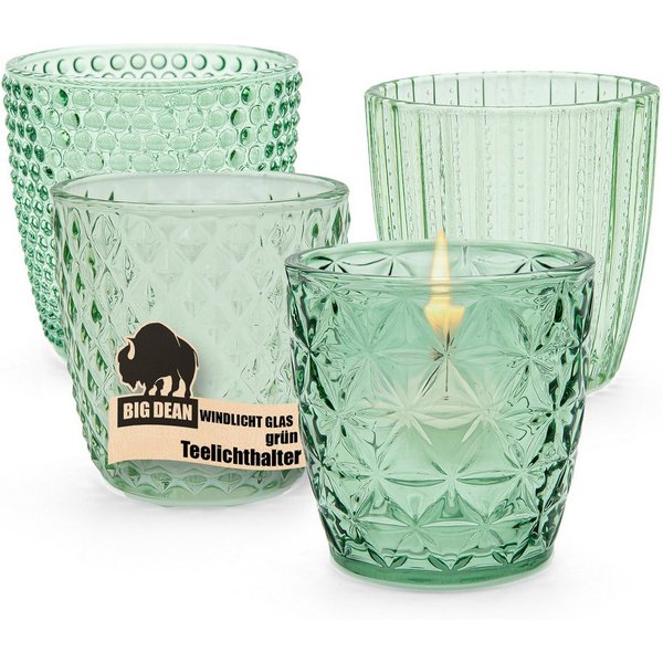 BigDean Teelichthalter Windlicht Glas grün Teelichthalter 4er Set Teelichthalter (Set, 4 St., Teelichtglas), Teelicht aus Glas mit dem gewissen Flair