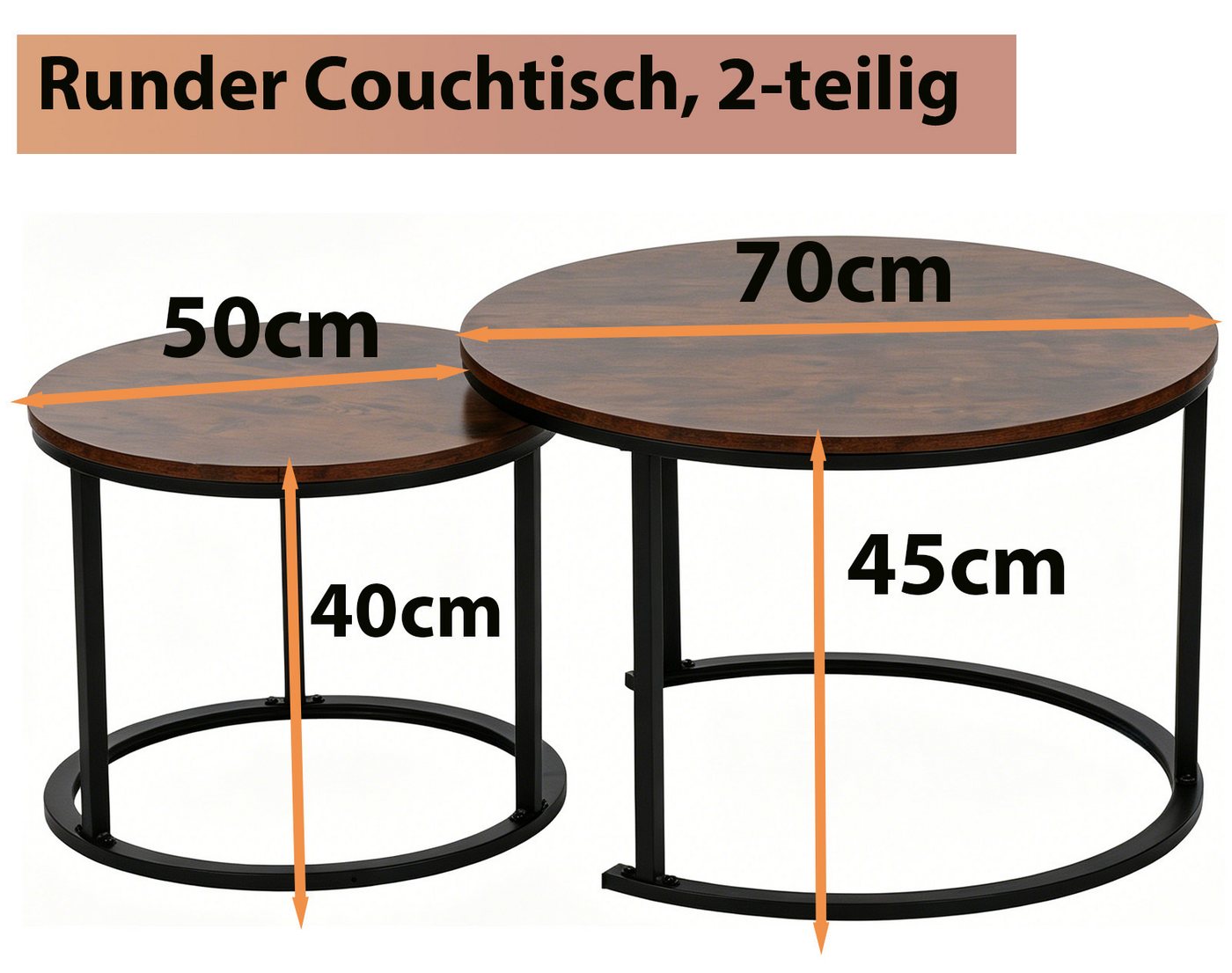 BIGTREE Couchtisch Tisch Schwarz Couch Wohnzimmertisch Set Rund Wohnzimmer Tisch (2-St., 2er-Set), 70x70x45 cm und 50x50x40 cm – Bild 2 von 5