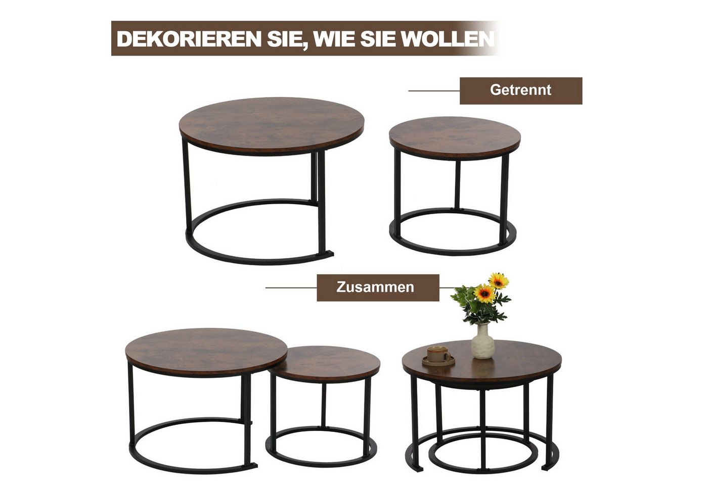 BIGTREE Couchtisch Tisch Schwarz Couch Wohnzimmertisch Set Rund Wohnzimmer Tisch (2-St., 2er-Set), 70x70x45 cm und 50x50x40 cm – Bild 4 von 5