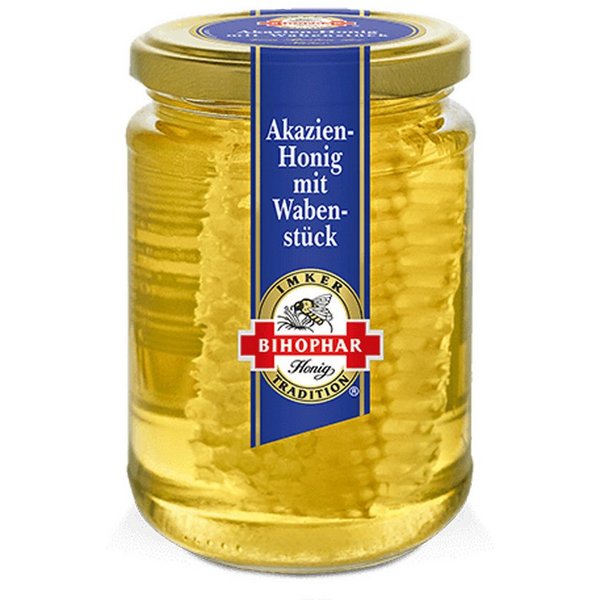 BIHOPHAR Honig, Bihophar Akazien Honig mit Wabenstück Bienenwachs im Glas 500g