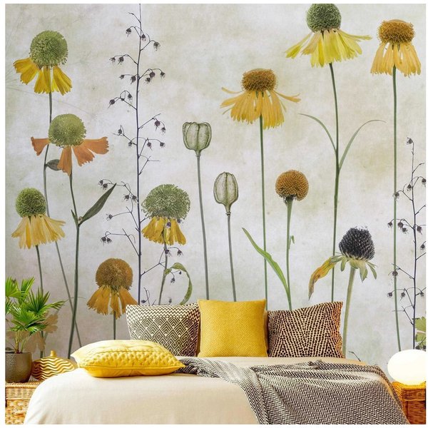 Bilderdepot24 Fototapete Blumen Helenium Blüten Blumentapete Floral Natur Vintage Kunst Gelb, Glatt, Matt, (Vliestapete inkl. Kleister oder selbstklebend), Wohn