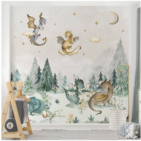 Bilderdepot24 Kindertapete Drachen Aquarell Wald Illustration Kinder Natur Landschaft grün modern, Glatt, Matt, (Vliestapete inkl. Kleister oder selbstklebend),