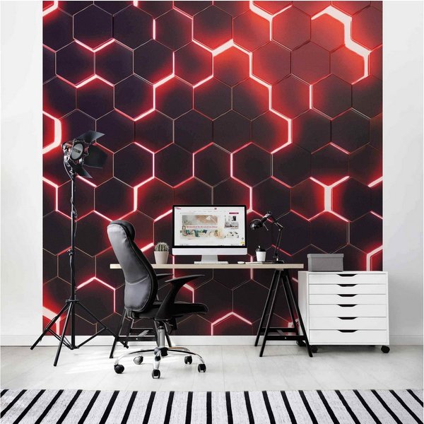 Bilderdepot24 Mustertapete Hexagone Neonlicht Rot 3D-Optik Muster Neon Art Gaming schwarz modern, Glatt, Matt, (Vliestapete inkl. Kleister oder selbstklebend), 