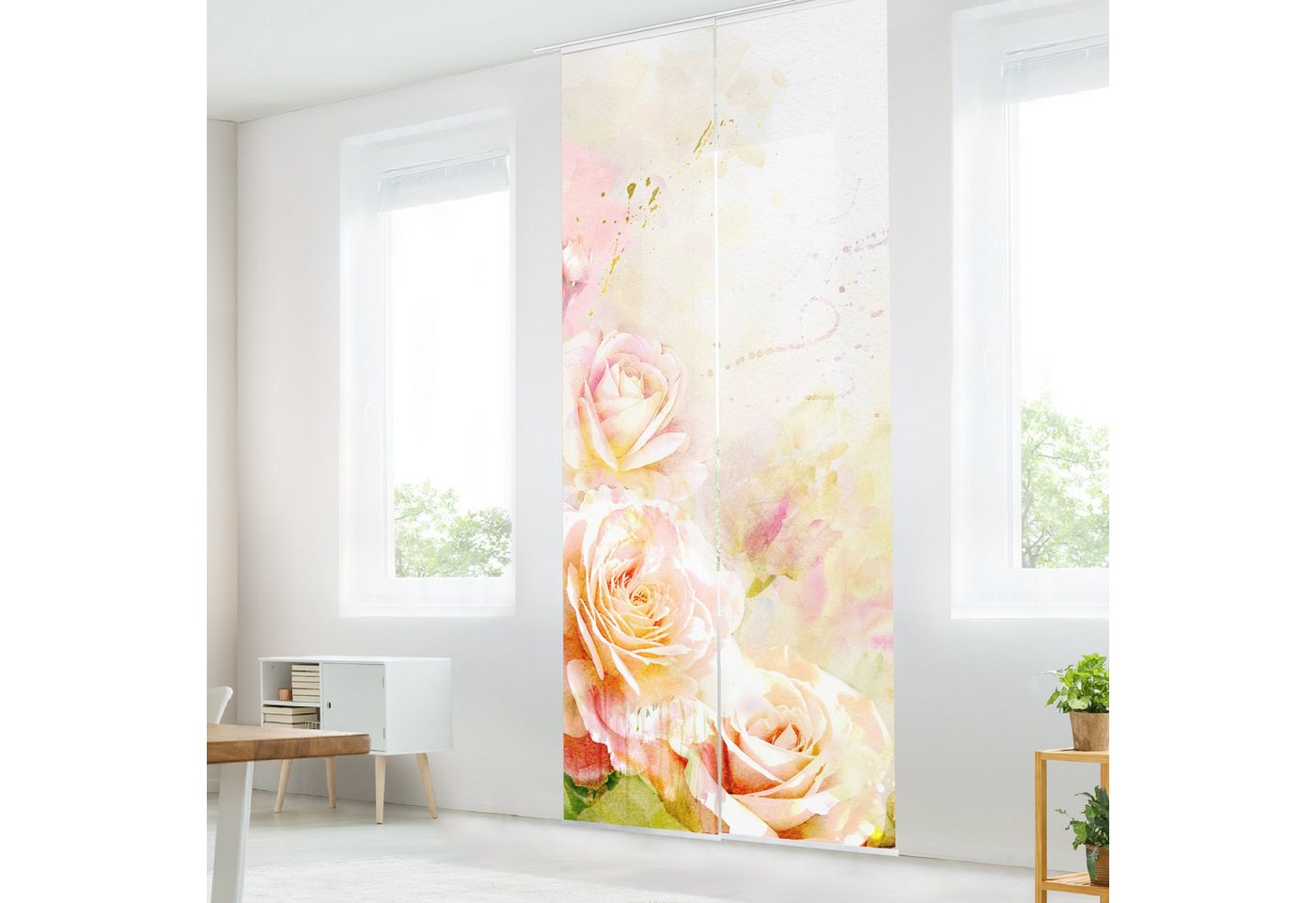Bilderdepot24 Schiebegardine modern Flächenvorhang blickdicht Aquarell Rosen (2 St), halbtransparent, Wohnzimmer große Flächengardine lichtdurchlässig als Klemm – Bild 2 von 5