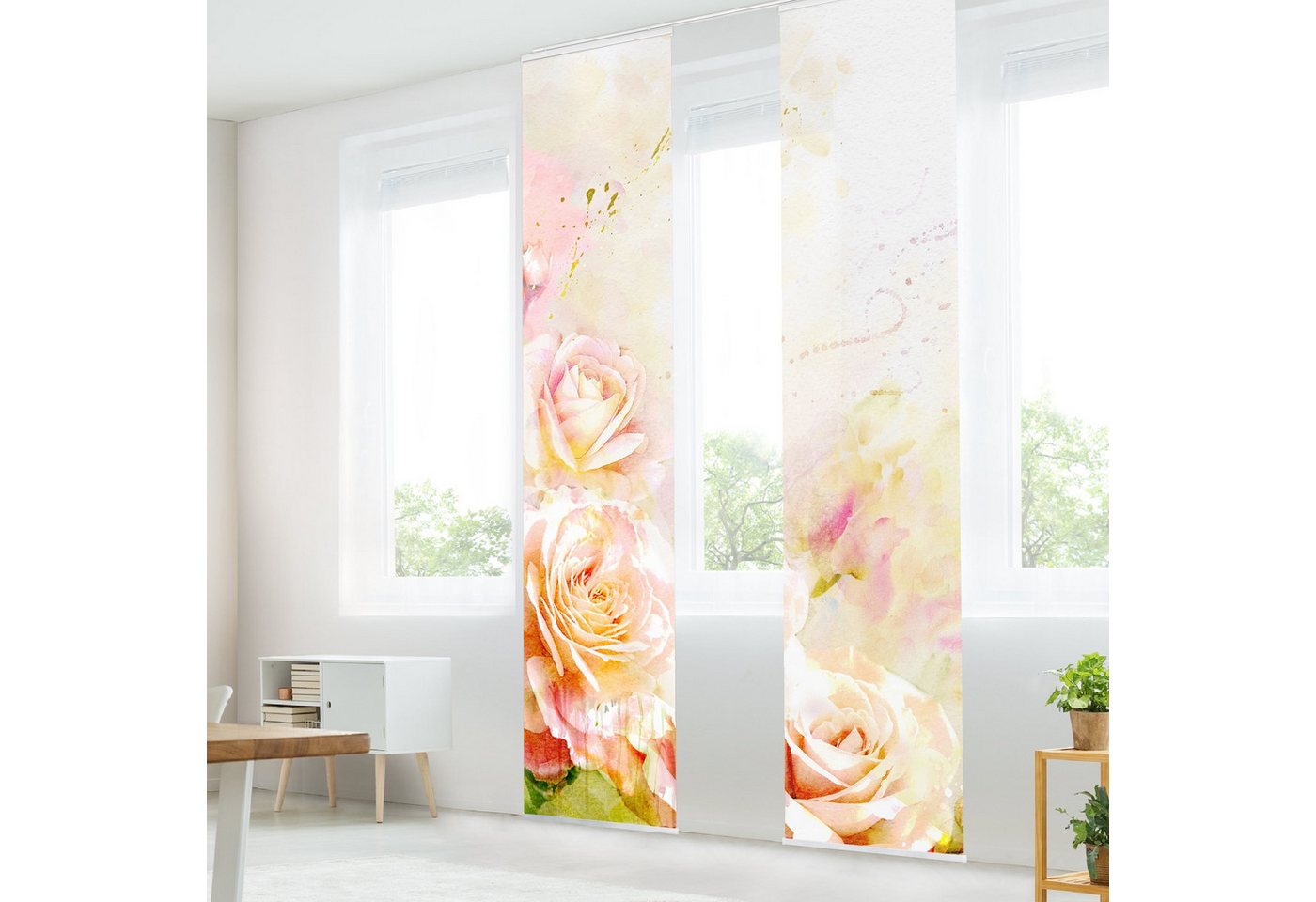Bilderdepot24 Schiebegardine modern Flächenvorhang blickdicht Aquarell Rosen (2 St), halbtransparent, Wohnzimmer große Flächengardine lichtdurchlässig als Klemm – Bild 3 von 5