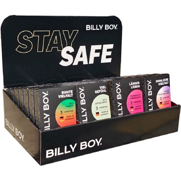 Billy Boy Kondome Tray "Stay Safe" - 4 Sorten im Mix 28 Packungen mit je 3 Kondomen, insgesamt, 84 St., verschiedene Kondome aus Latex, Bunte Vielfalt, Länger L