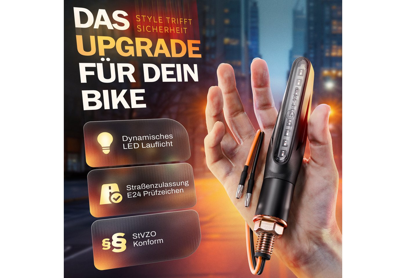 Binego Blinker LED Motorrad E Geprüft Mini mit Lauflicht Universell, Lauflicht Blinker, LED fest integriert, Gelb, StVZO konform – Bild 2 von 5