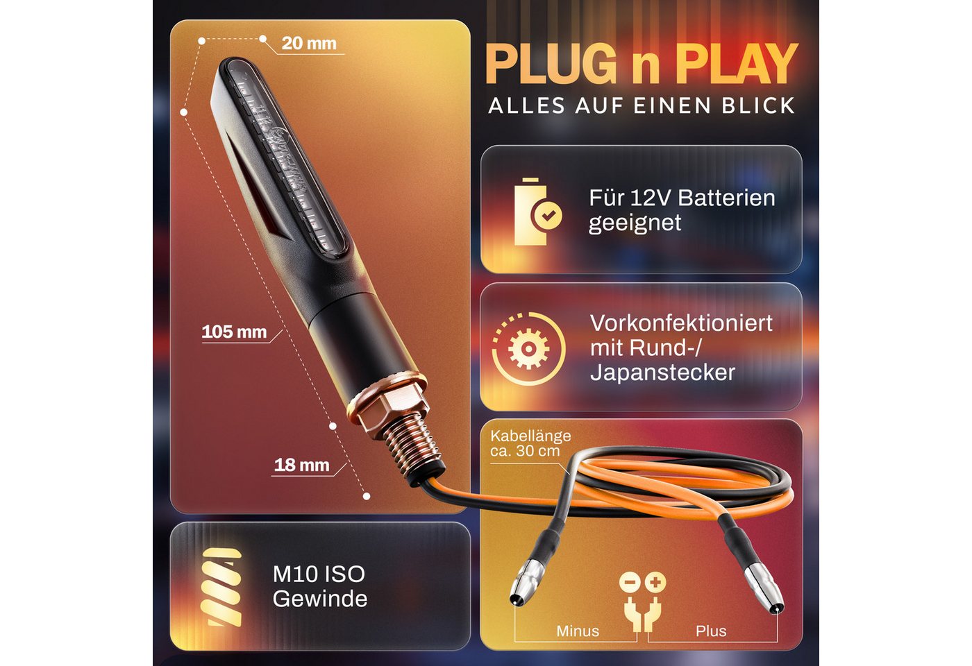 Binego Blinker LED Motorrad E Geprüft Mini mit Lauflicht Universell, Lauflicht Blinker, LED fest integriert, Gelb, StVZO konform – Bild 3 von 5