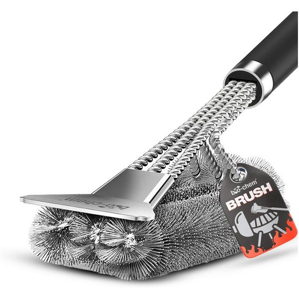bio-chem Grillbürste Grillbürste – Edelstahl-Borsten, Schaber & Wärmedämmung, Gasgrill, Grillrost, Holzkohlegrill, Kugelgrill, (Einzelprodukt, 1x Grillbürste), 