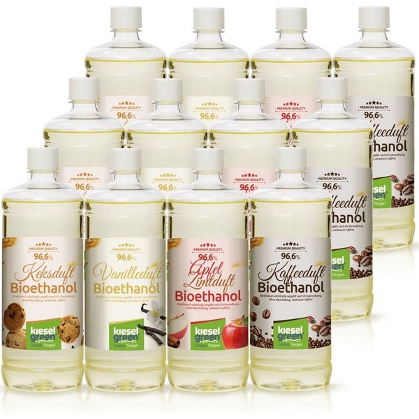 KieselGreen Bioethanol KieselGreen Bioethanol Flasche 12 x 1 Liter mit Duft für Ethanol-Kamin