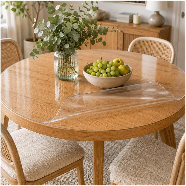 Biofactur Tischdecke Tischfolie Rund Transparente Tischschutzfolie Glasklar 2 mm V Kante, Kratzfest, wasserabweisend, abwischbar, pflegeleicht, REACH-konform