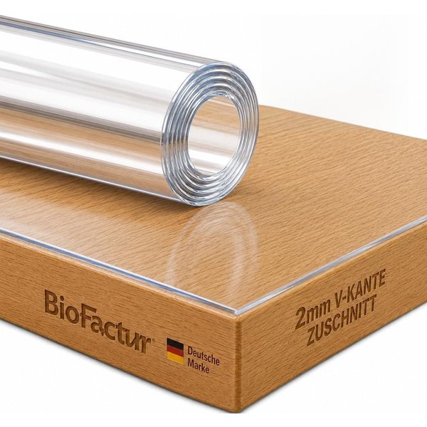 Biofactur Tischdecke Tischfolie Transparent Glasklar 2 mm, 45° V-Kante, Schutzfolie (Packung), Kratzfest, geruchlos, abwaschbar, lebensmittelecht, REACH-konform
