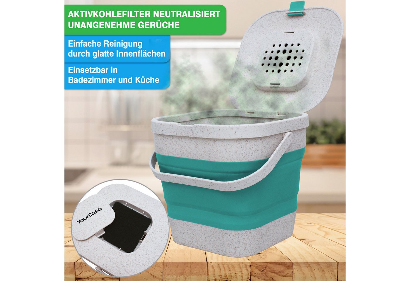 YourCasa Biomülleimer YourCasa® Biomülleimer Küche klein 4L nachhaltig mit Akivkohlefilter, Fassungsvermögen 4L, nachhaltige Materialien – Bild 3 von 5