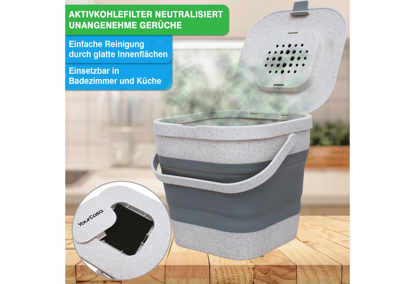 YourCasa Biomülleimer YourCasa® Biomülleimer Küche klein 4L nachhaltig mit Akivkohlefilter, Fassungsvermögen 4L, nachhaltige Materialien – Bild 3 von 5