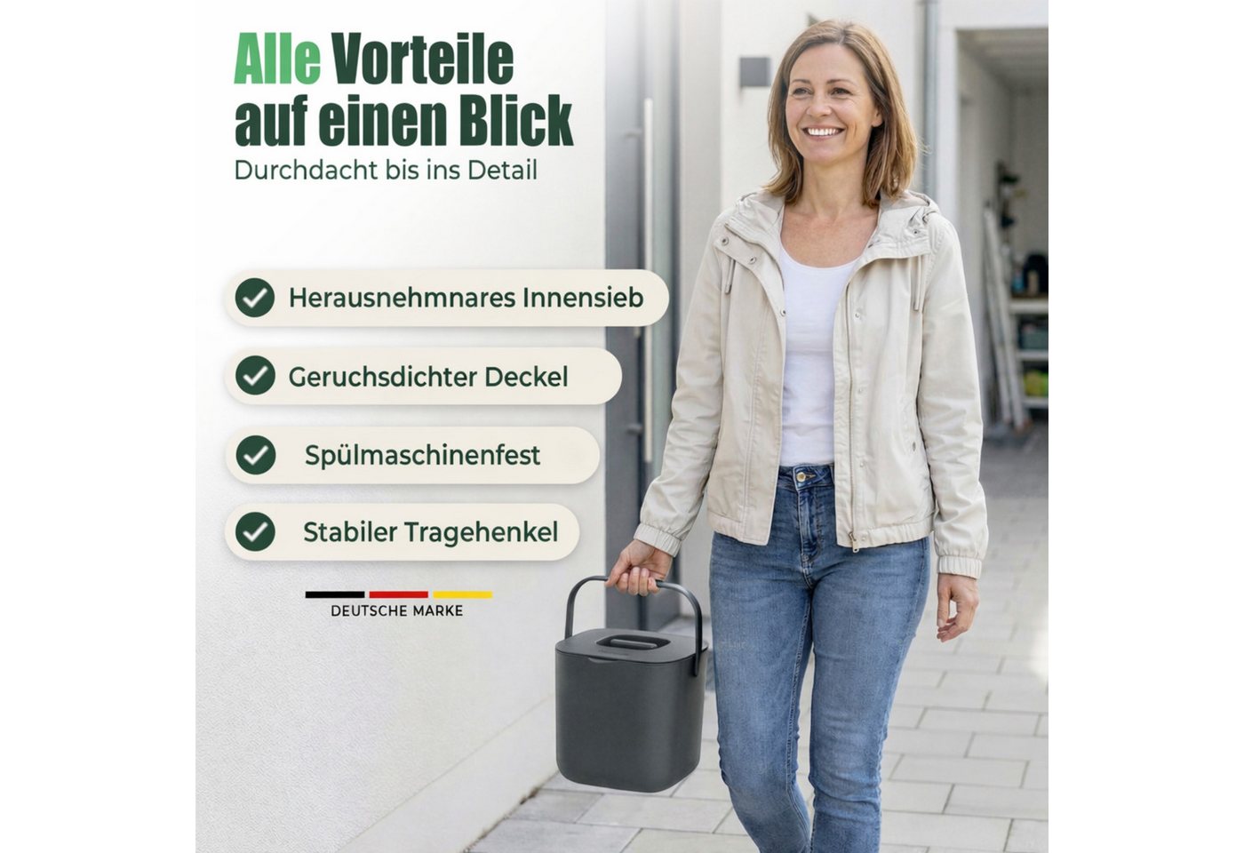 YourCasa Biomülleimer YourCasa® Biomülleimer Küche - Komposteimer für alltäglichen Biomüll, Mit Sieb, Spülmaschinenfest – Bild 4 von 5