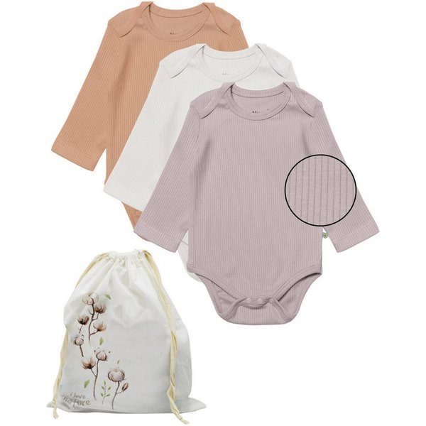 biorganic Langarmbody Ripp (3er Pack), Mehrfarbig, Unisex, Baby Body für Jungen und Mädchen (Set, 4-tlg., 3er-Pack Bodys & 1 Beutel) gerippte Textilstruktur (Ri