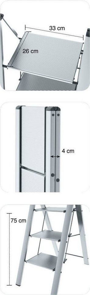 Bischof Colombo Trittleiter Leonardo 2, 3-stufig, klappbar, rutschfeste Stufen, Tragkraft 150 kg – Bild 4 von 5