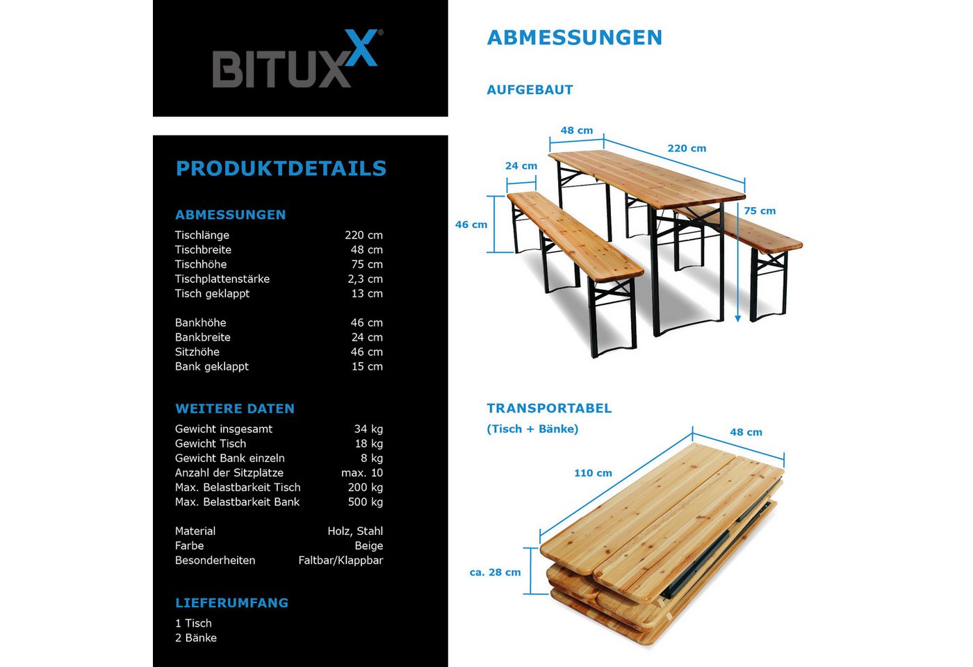 Bituxx Bierzeltgarnitur Tisch + 2 Bänke, (Set, 3-tlg., MS-18761) – Bild 3 von 5