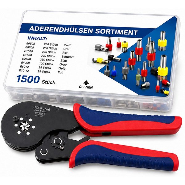 Bituxx Crimpzange Set mit Aderendhülsen 0,08-16mm² 1500 tlg., Set 1500-tlg., MS-19220
