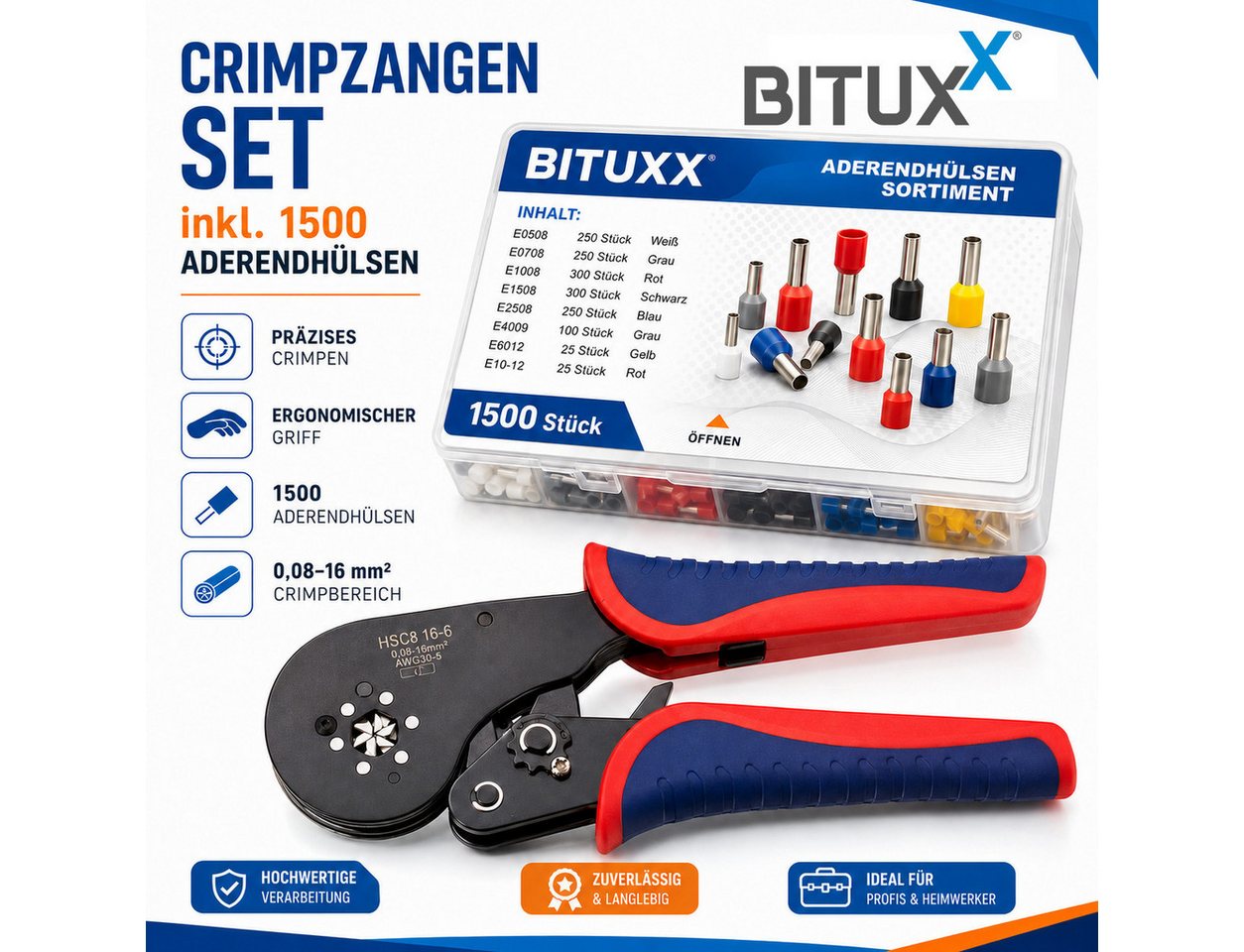 Bituxx Crimpzange Set mit Aderendhülsen 0,08-16mm² 1500 tlg., Set 1500-tlg., MS-19220 – Bild 2 von 5
