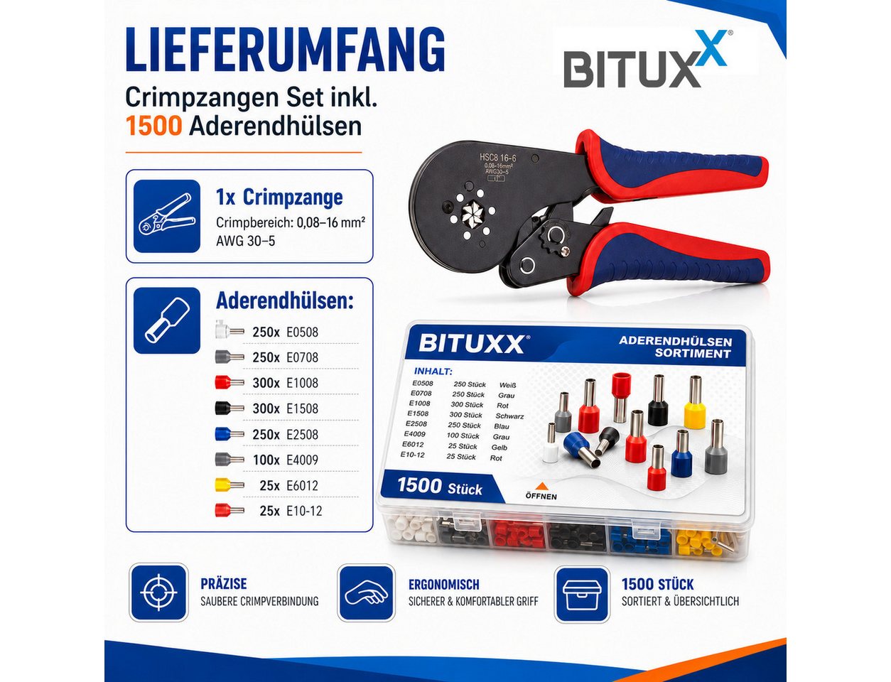 Bituxx Crimpzange Set mit Aderendhülsen 0,08-16mm² 1500 tlg., Set 1500-tlg., MS-19220 – Bild 3 von 5