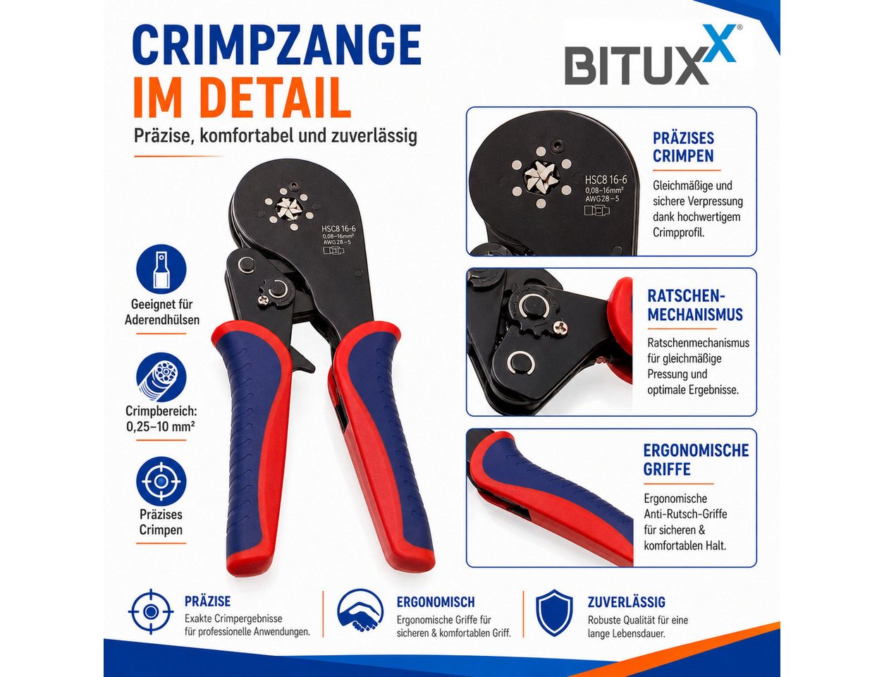 Bituxx Crimpzange Set mit Aderendhülsen 0,08-16mm² 1500 tlg., Set 1500-tlg., MS-19220 – Bild 4 von 5