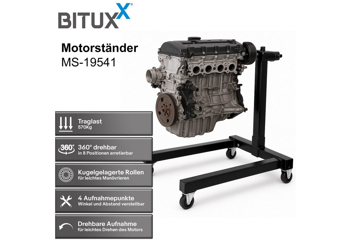 Bituxx Getriebeheber Motorständer Kfz Motorhalter Motorbock Motorträger schwarz, MS-19869, drehbar, mit Rollen, Traglast bis 570 kg – Bild 2 von 5