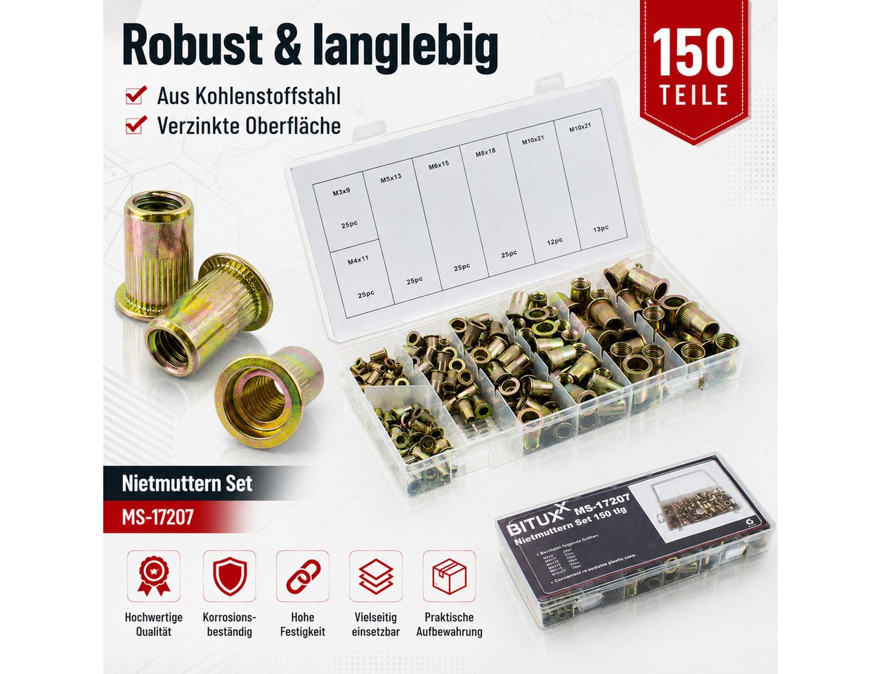 Bituxx Niete Nietmuttern Set 150 tlg, (Set, 150 St., MS-17207) – Bild 3 von 5