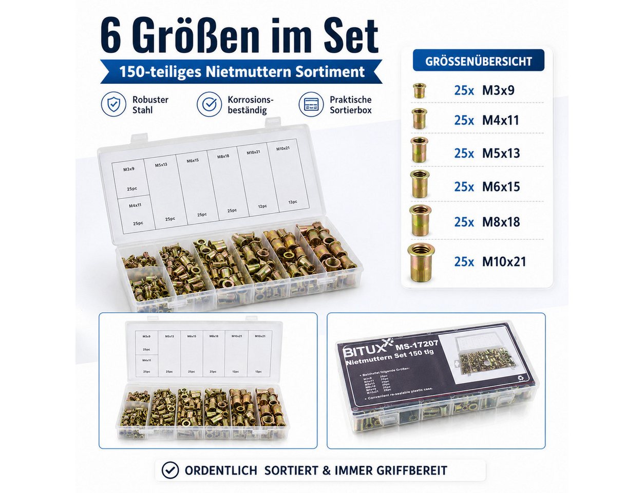 Bituxx Niete Nietmuttern Set 150 tlg, (Set, 150 St., MS-17207) – Bild 4 von 5
