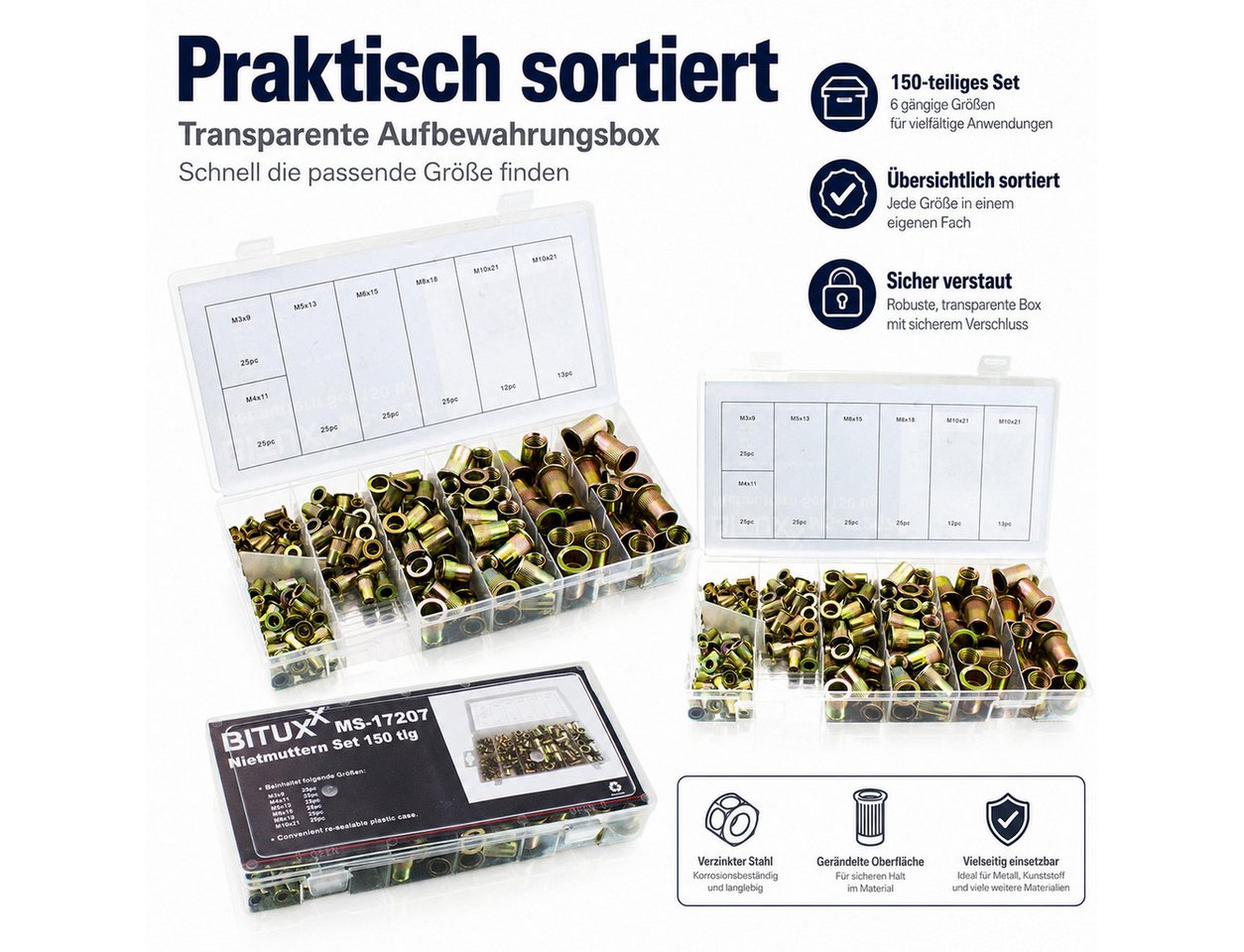 Bituxx Niete Nietmuttern Set 150 tlg, (Set, 150 St., MS-17207) – Bild 5 von 5