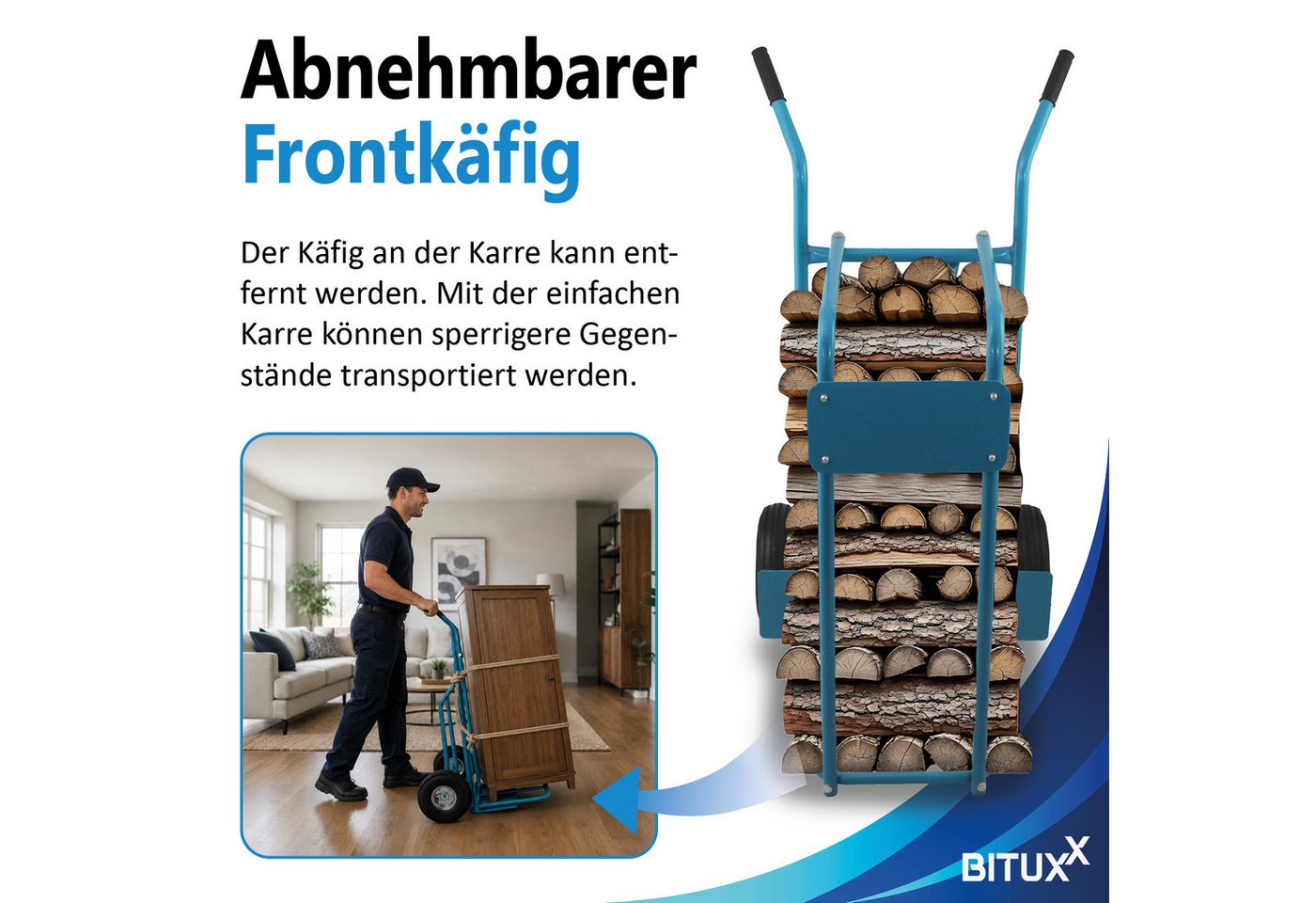Bituxx Sackkarre Brennholzkarre, (MS-15908), mit Transportkäfig – Bild 4 von 5