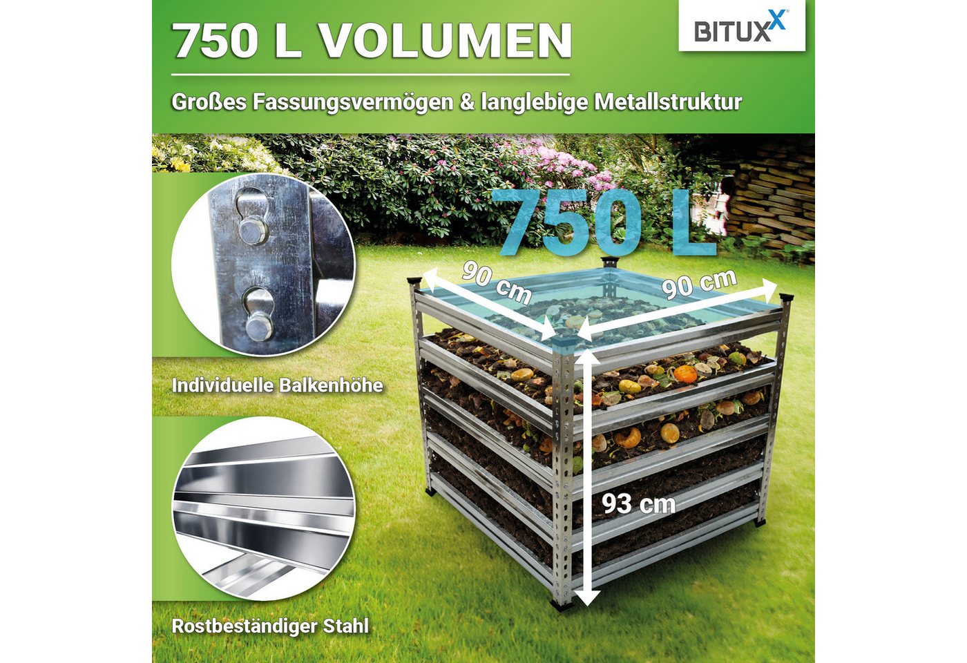 Bituxx Schnellkomposter 90x90cm, BxTxH: 90x90x93 cm, 753.3 l, (MS-19425) – Bild 4 von 5