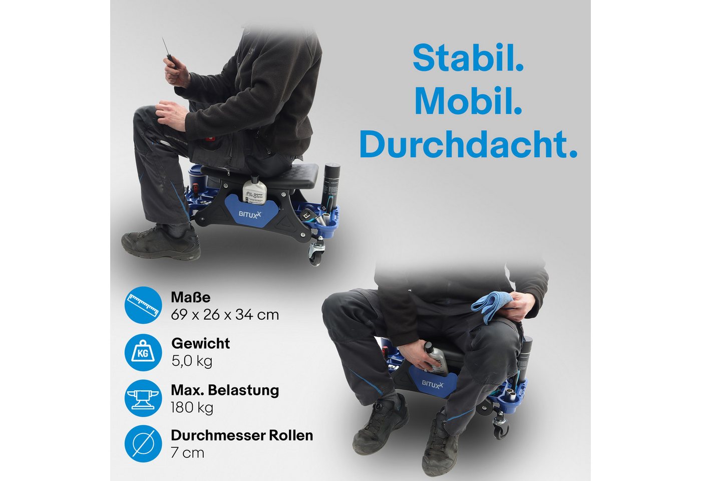 Bituxx Sitzhocker rollbar mit Ablagen Blau (MS-19555), mit Stauraum – Bild 3 von 5