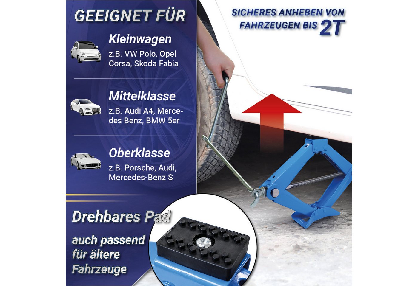 Bituxx Wagenheber mechanisch 10,5-38cm bis 2000kg mit Handkurbel, max. Hubhöhe: 38 cm, MS-18863, mit Handkurbel – Bild 3 von 5