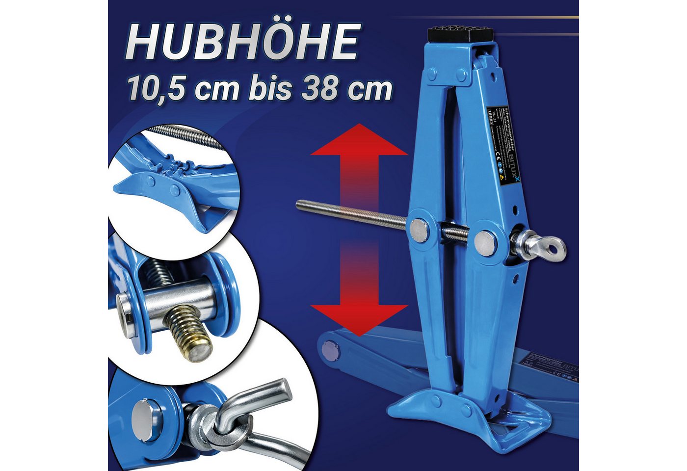 Bituxx Wagenheber mechanisch 10,5-38cm bis 2000kg mit Handkurbel, max. Hubhöhe: 38 cm, MS-18863, mit Handkurbel – Bild 4 von 5
