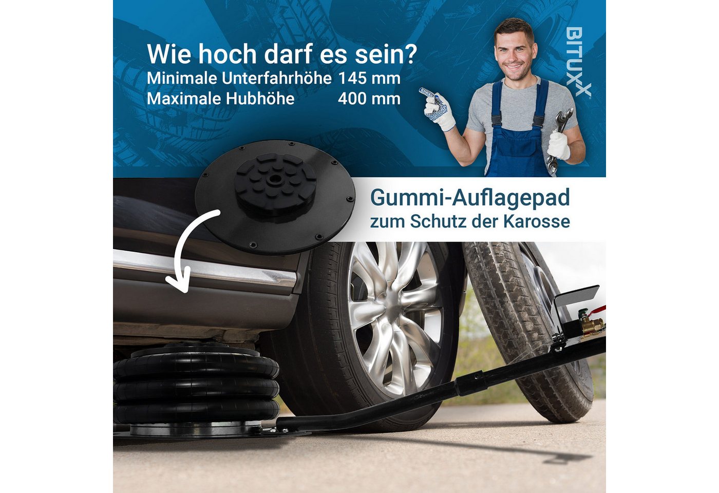 Bituxx Wagenheber pneumatisch 14,5-40cm bis 3000kg mit Transportrollen Schwarz, max. Hubhöhe: 40 cm, MS-19583, 1/4 Zoll Druckluftanschluss – Bild 2 von 5